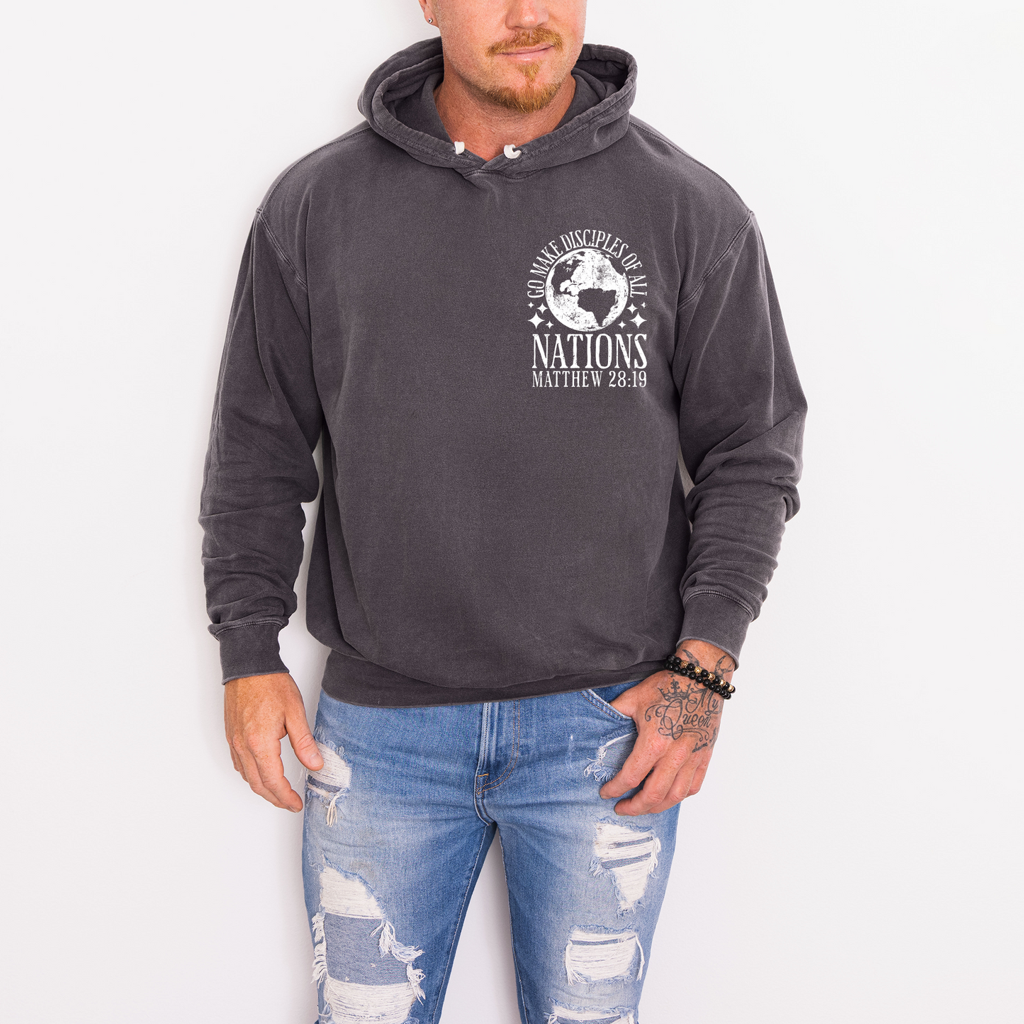 Christian hoodie for men Matthew 28:19 disciples of all nations chest print