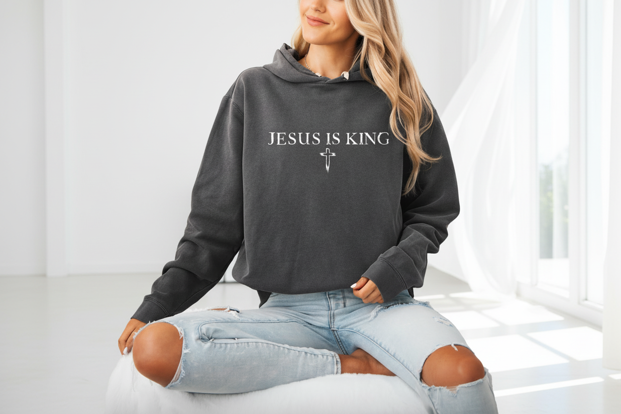 Jesus Is King hoodie for women minimalist Christian sweatshirt with cross design