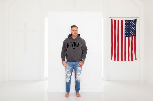 Revival hoodie for men vintage washed Christian sweatshirt with cross