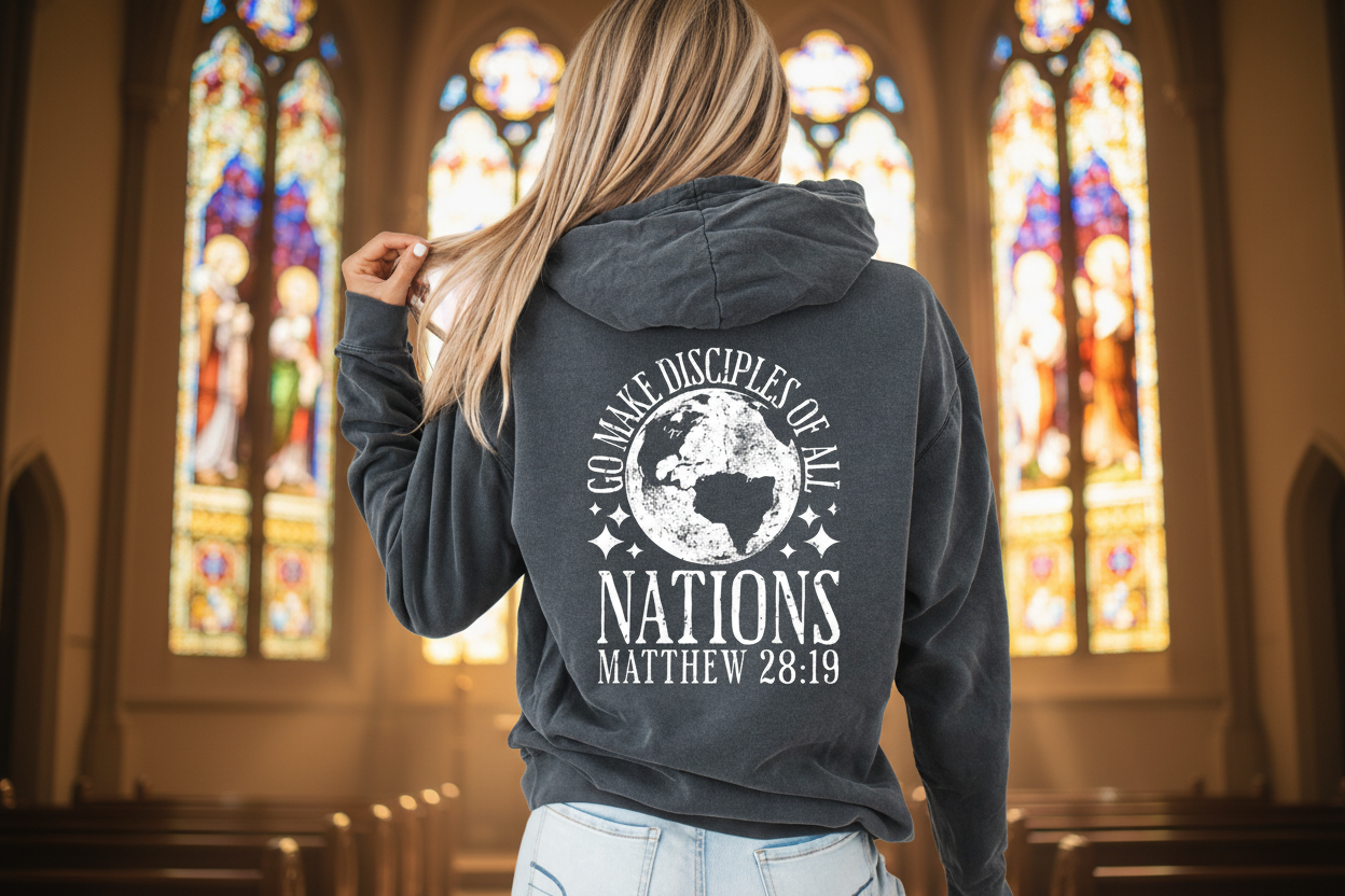 Women’s go make disciples hoodie Matthew 28:19 Great Commission Christian sweatshirt back print