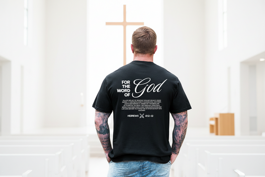 Word of God Christian men’s shirt Hebrews 4:12-13 sword graphic tee